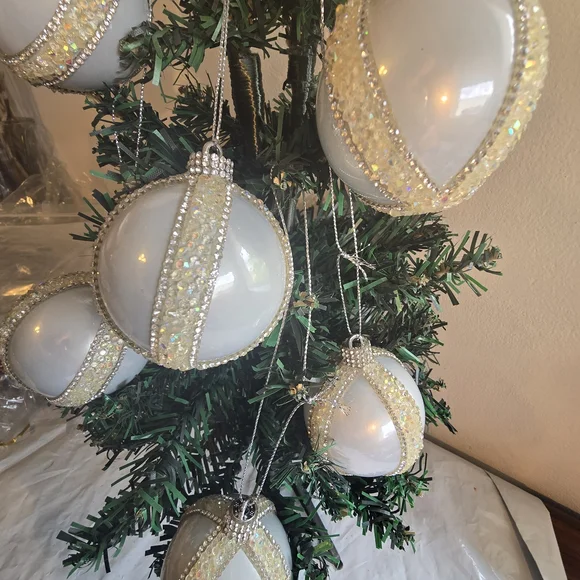 Elegant White and Silver Holiday Ornaments 6 Piece 2.5 Inch Handmade - Picture 3 of 10